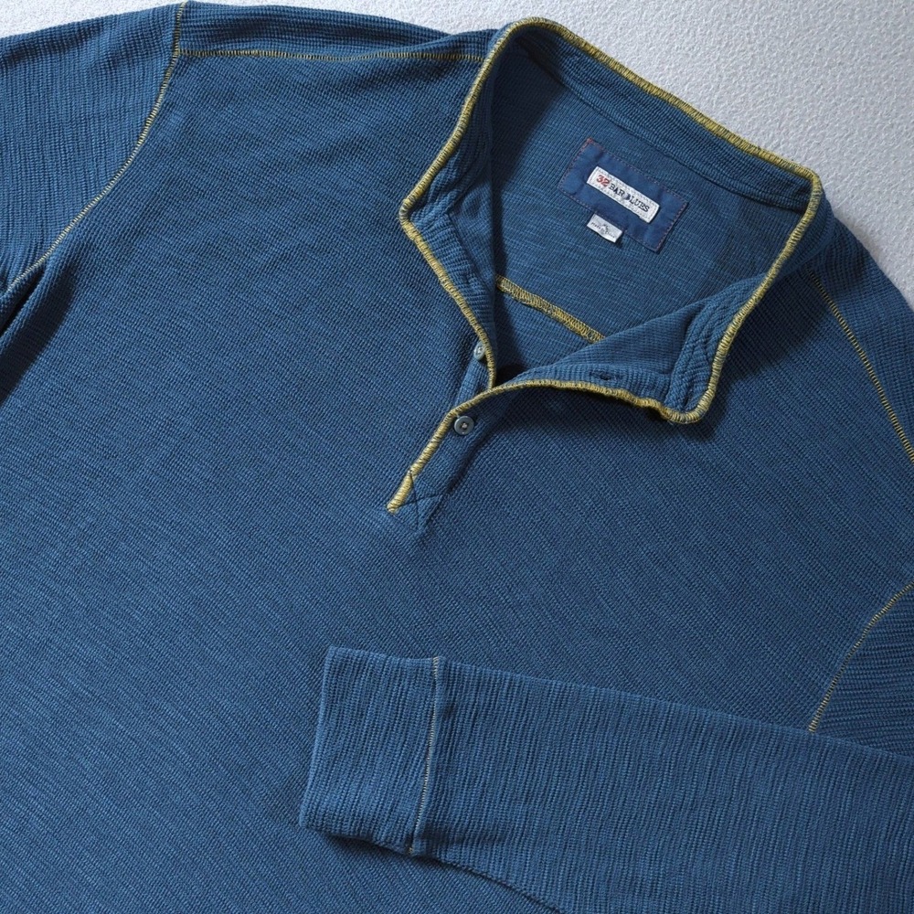 32 Bar Blues Henley Shirt Mens XL Blue Pique Cotton Knit Contrast Stitching